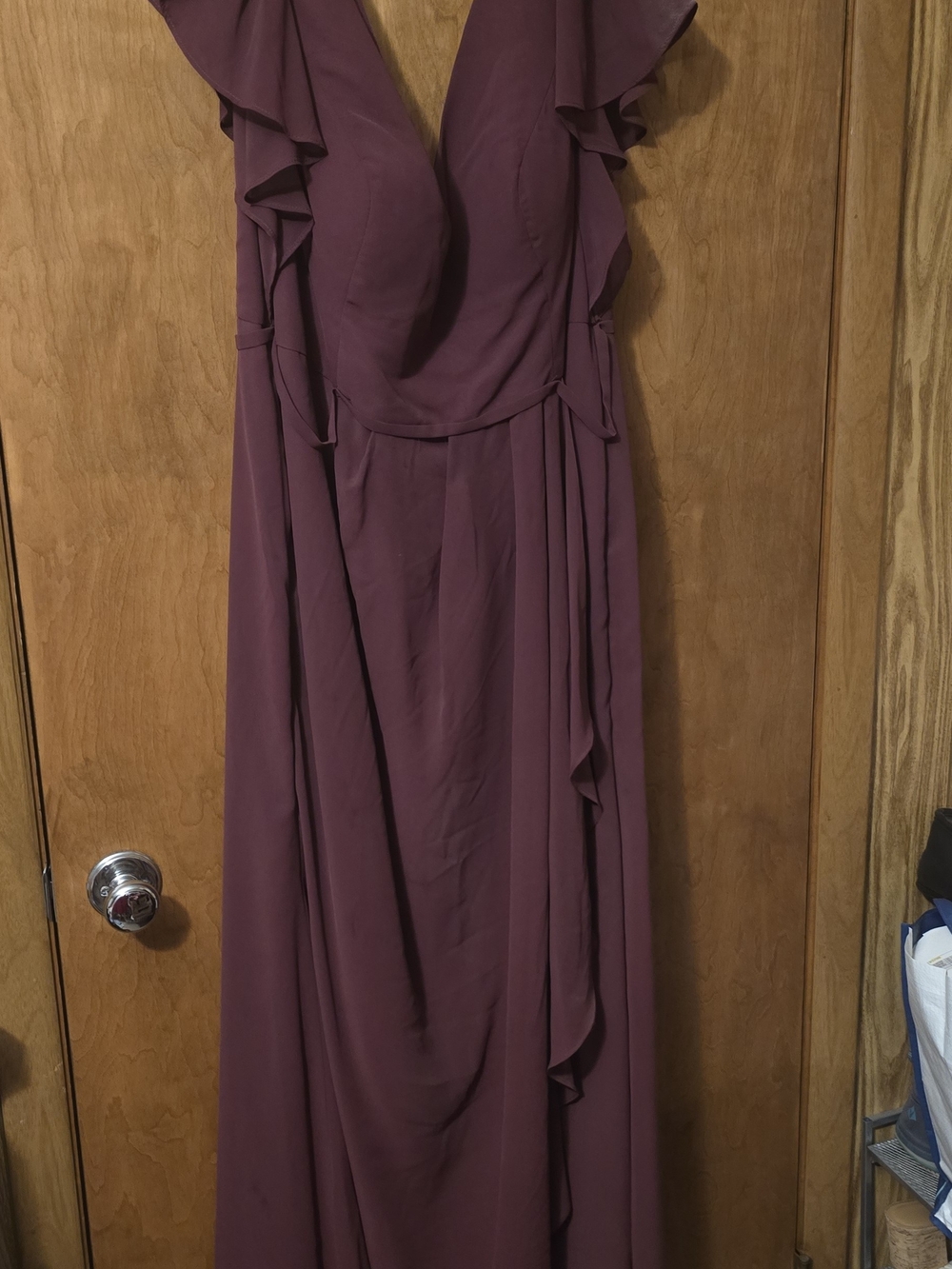David's Bridal Mauve Ruffle Sleeve V-Neck Maxi Dress